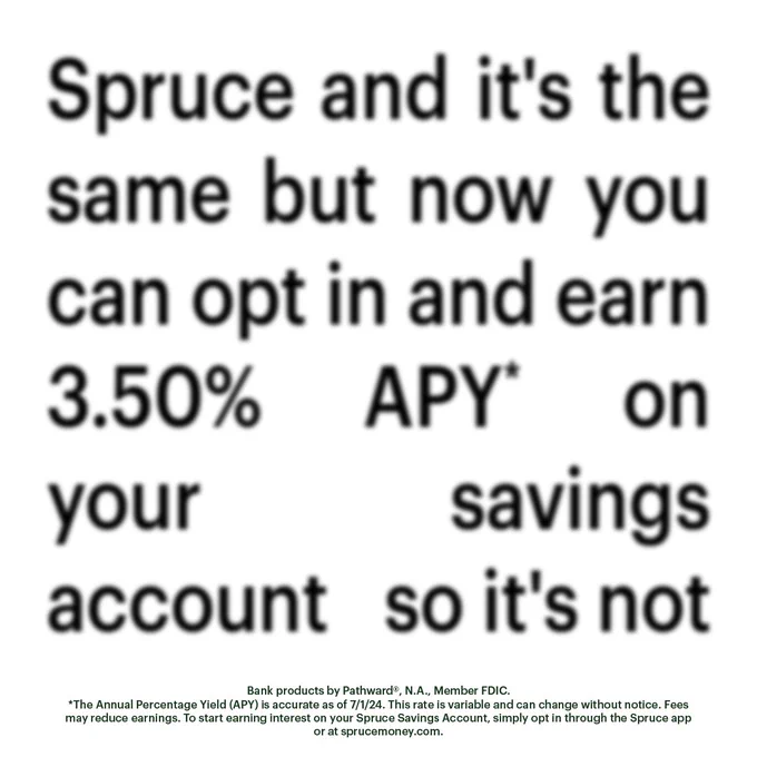On a stark white background, black text reads: Spruce and it’s the same but now you can opt in and earn 3.50% APY* on your savings account so it’s not. Bank products provided by Pathward®, N.A., Member FDIC. *The Annual Percentage Yield (APY) is accurate as of 07/01/24. This rate is variable and can change without notice. Fees may reduce earnings. To start earning interest on your Spruce Savings Account, simply opt in through the Spruce app or at sprucemoney.com.