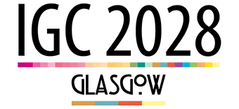 The IGC Glasgow logo, which has black writing 'IGC 2028 Glasgow' and underneath colours are shown in a line, which correspond with the SDG colours. 
