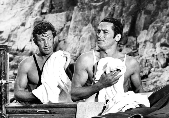 Alain Delon et Jean-Paul Belmondo à la Calanque de Port-Pin sur le tournage de Borsalino