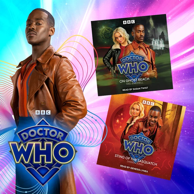 Ncuti Gatwa as the Doctor, next to to pieces of cover artwork for audio stories 'On Ghost Beach' and 'Sting of the Sasquatch', featuring Ncuti Gatwa as the Doctor and Millie Gibson as Ruby Sunday.