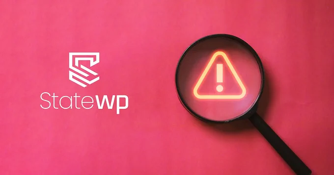 StateWP logo on the left and a magnifying glass on top of a warning icon to the right