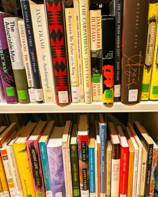 Image c/- https://www.facebook.com/photo/?fbid=914640207375869&set=a.308844384622124 
This image shows a small section of the large collection of titles by and about Janet Frame held at Heritage Collections. These are kept safe in our stack so they can be enjoyed by future generations. 