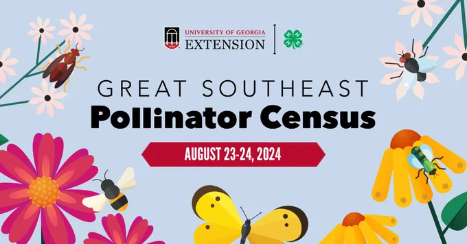 Words read, "University of Georgia Extension. Great Southeast Pollinator Census. August 23-24, 2024."