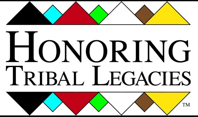 Over a white background, a multicolored tribal print borders black text, which reads "Honoring Tribal Legacies."