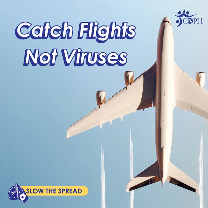 A commercial airplane ascending into a clear blue sky with jet trails visible behind. "Catch Flights Not Viruses"