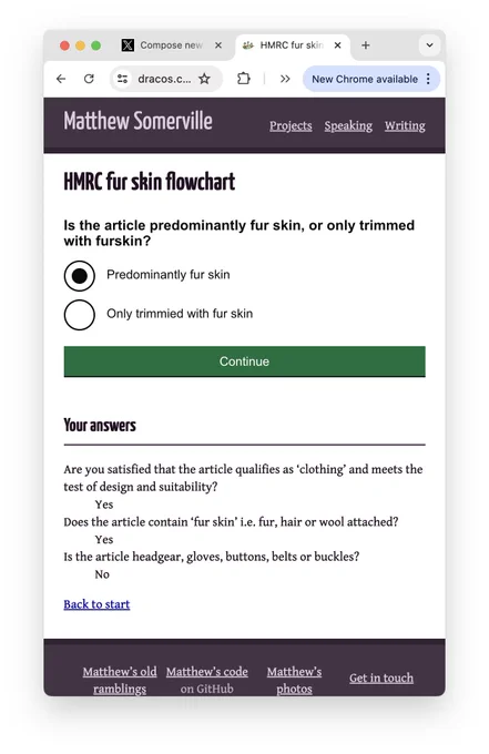 Screenshot of my flowchart, showing an answer to the question "Is the article predominantly fur skin, or only trimmed with furskin?"