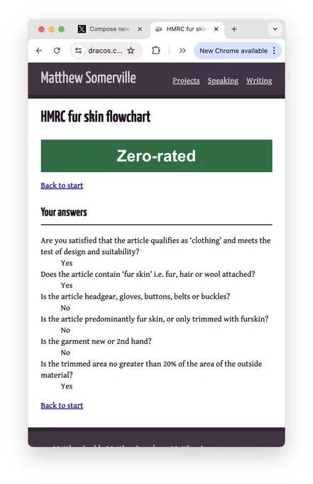 Screenshot of my flowchart, showing a Zero-rated result after answering a series of questions