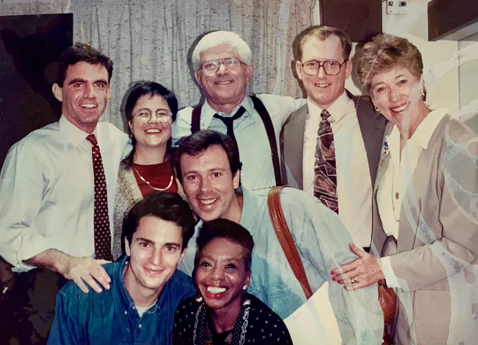1992. Backstage at the "Phil Donahue Show." Donahue at center. I'm on the far left. It was a show on acceptance of gay people. Featured my Making Gay History book.