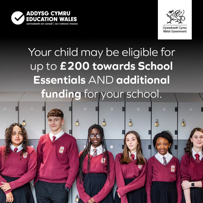 Your child may be eligible for up to £200 towards School Essentials AND additional funding for your school.

Picture shows 6 students in uniform. 
