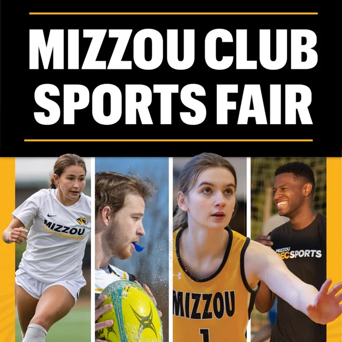 this is a photo that combines four other photos with a mizzourec members playing club soccer club rugby club basketball and sand volleyball and it has the word mizzou club sports fair