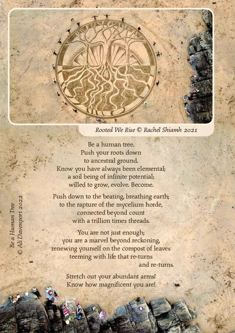Page from Earth Pathways Diary with 'Be a human tree' poem and tree artwork on a beach. 