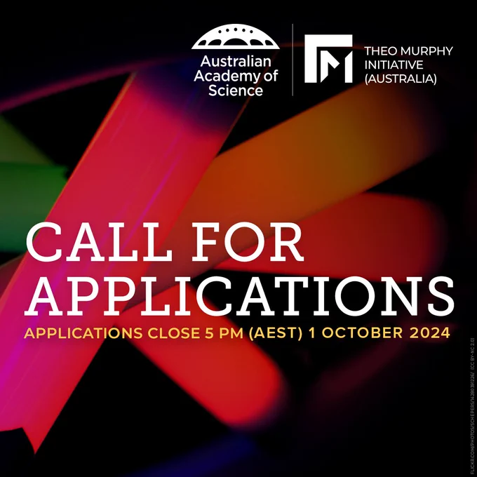 Promotional graphic for the Australian Academy of Science and Theo Murphy Initiative (Australia) featuring a 'Call for Applications' message, with vibrant intersecting colored beams and a deadline stated as 5 PM (AEST) 1 October.