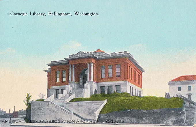 Color postcard of the Bellingham Carnegie Library.