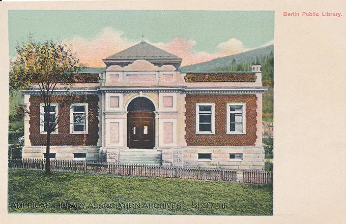 Color postcard of the Berlin Public Library in New Hampshire.