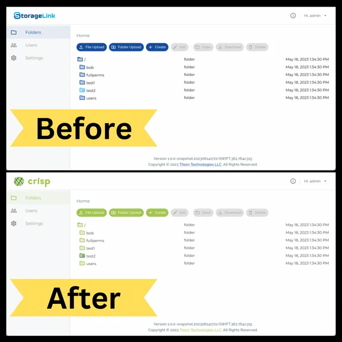 A before and after shot of a StorageLink where a brand's logo and colors are added to customize the portal.