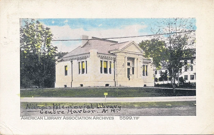 Color postcard of the Nichols Memorial Library.