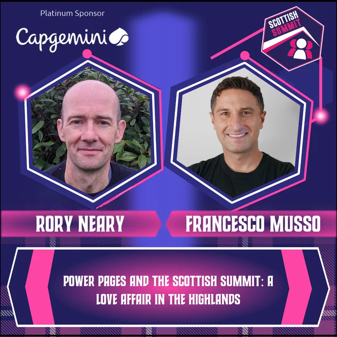 Navy social tile with pink tartan design at the bottom, with a blue stripe down the middle with pictures of Rory Neary and Francesco Musso as speakers at this year's Scottish Summit 2024