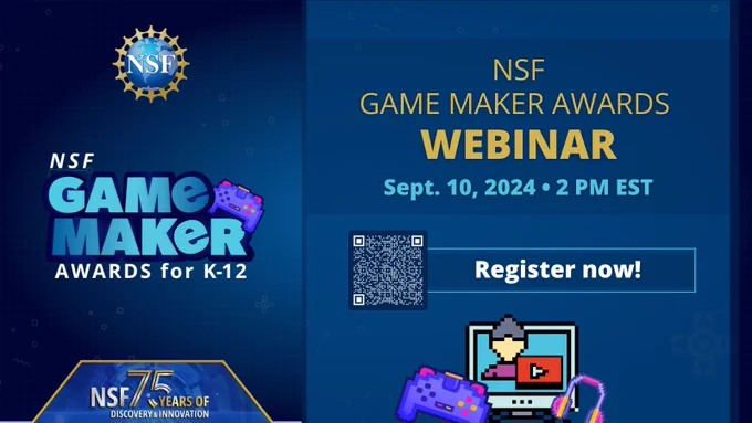 Promotional graphic for the NSF Game Maker Awards webinar.