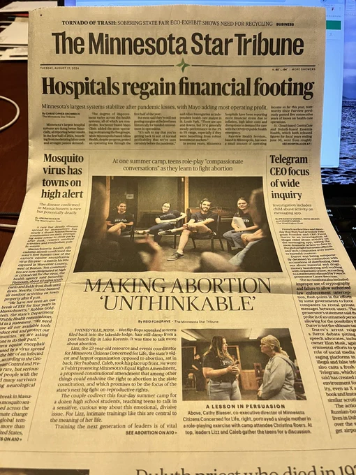Today’s front page of the Minnesota Star Tribune with a story titled “Making Abortion ‘Unthinkable’”