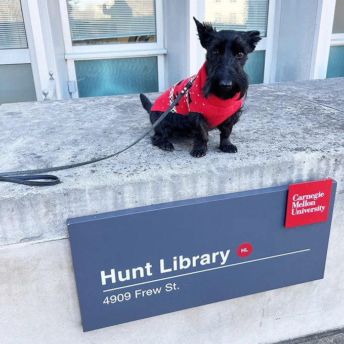 Andie the Libraries' mascot in front of Hunt Library.