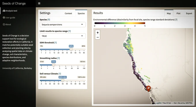 Screenshot from UC Berkeley’s Seeds of Change online tool, showing a menu for Settings with dropdown and slider options and a Results section showing a gray map of part of California with colors showing Environmental difference for the selected Sequoia sempervirens species.