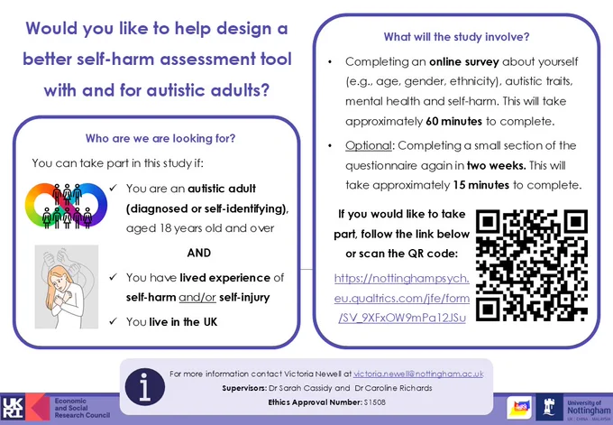 Recruitment poster to help design a better self-harm assessment tool with and for autistic adults. Looking for autistic adults (diagnosed or self-identifying) with lived experience of self-harm and/or self-injury, who live in the UK. The research involves completing an online survey about yourself (e.g., age, gender, ethnicity), autistic traits, mental health and self-harm.
