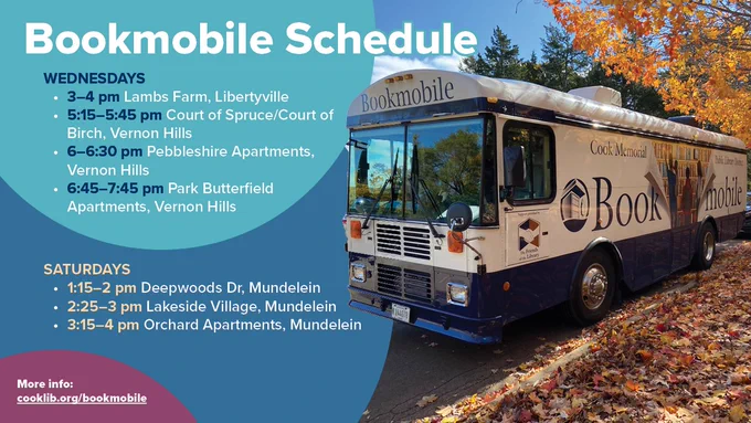 image of the bookmobile on the right side of the graphic with the list of community stops on the left.