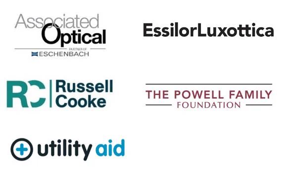 5 logos – Top row, left to right: Associated Optical – Partner of Eschenbach and EssilorLuxottica. Second row, left to right: Russell-Cooke and The Powell Family Foundation. Bottom row: Utility Aid.