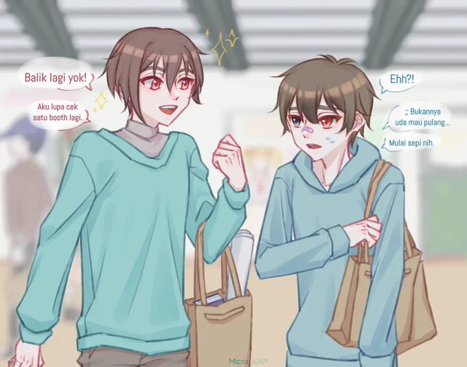 Left character: Tonio (belongs to Micro) , Right character: Filan (belongs to Arhaz). An illustration about two original characters, Tonio & Filan. Both are coming to an anime convention. In last hour, Tonio says "Let's head back! I forgot to check another booth!" and Filan responds with "Eh?! Aren't we about to go home? It's getting less crowded."