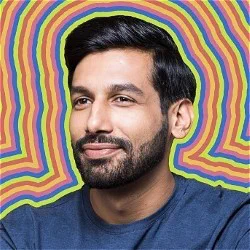A smiling man with a colourful outline