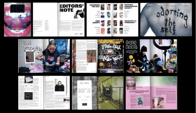 Three rows of double page spreads from Seize Magazine, showing text, photography and the front cover.