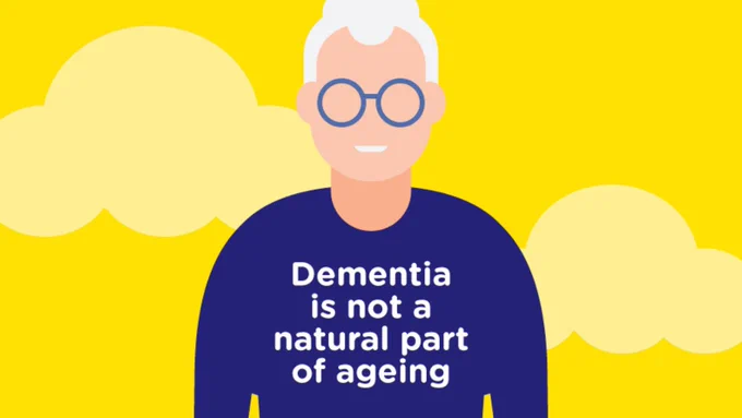 Graphic of a person wearing glasses with text on their top and a yellow background.