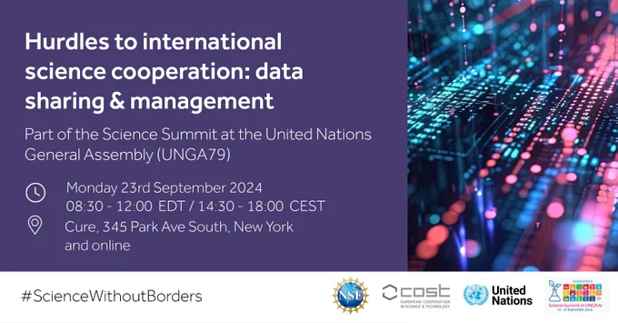 Promotional graphic for the "Hurdles to international science cooperation: data sharing & management" event, part of the Science Summit at the United Nations General Assembly (UNGA79), featuring event details and logos of NSF, COST and the United Nations, with a vibrant background of illuminated interconnected nodes and circuit lines.