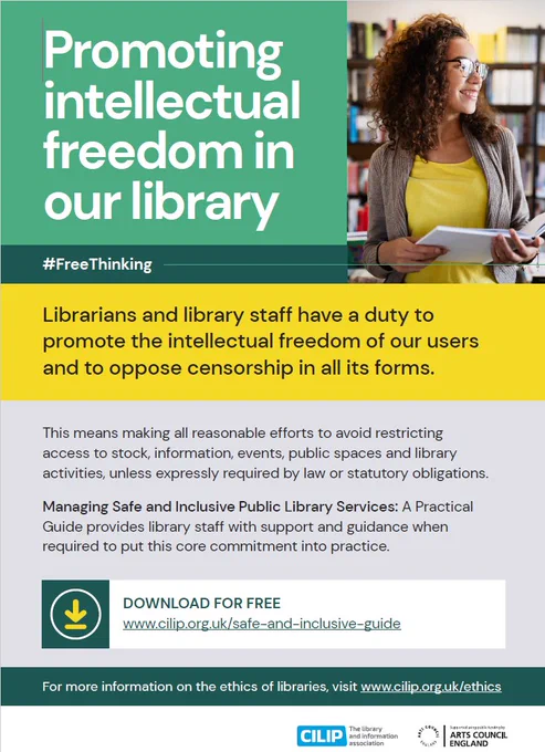 Poster advertising  Managing safe and inclusive public library services. Promoting intellectual freedom in our library