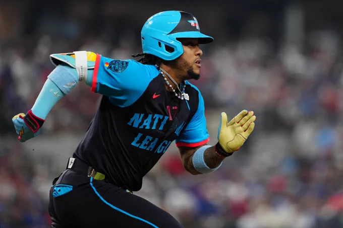 Ketel Marte runs the bases at the 2024 All-Star Game. He is wearing a National League All-Star jersey and batting helmet.