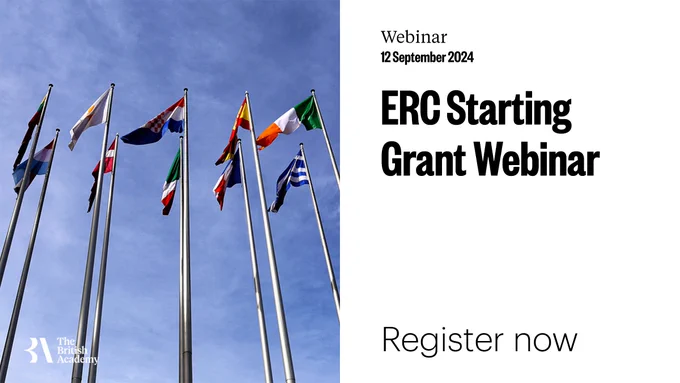 White banner with an image of a low angle view of European flags. The words 'ERC Starting Grant Webinar' are written on the right-hand side.   