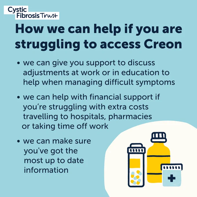 How we can help if you are struggling to access Creon:
- we can give you support to discuss adjustments at work or in education to help when managing difficult symptoms
- we can help with financial support if you’re struggling with extra costs travelling to hospitals, pharmacies or taking time off work
- we can make sure you've got the most up to date information
