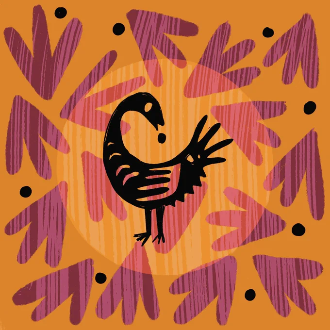 A black illustration of a sankofa bird features in the centre of an image decorated with colourful pink patterns and a yellow background.