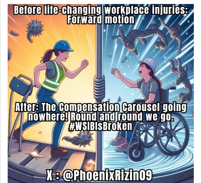 Alt text: "Split screen image: On the left, a hard worker is shown striving diligently. On the right, a severely injured worker is depicted struggling with visible distress. The image conveys the contrast between the ideal process of workers' compensation and the reality of delays, denials, and bureaucracy that injured workers face. A call to advocate for a system that genuinely meets the needs of injured workers and provides timely, fair compensation."