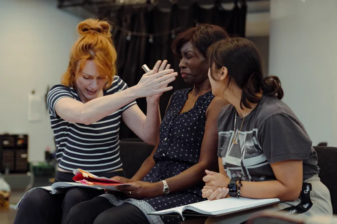 Laura Rogers, Amy Rockson and Chaya Gupta in rehearsals for Abigail's Party