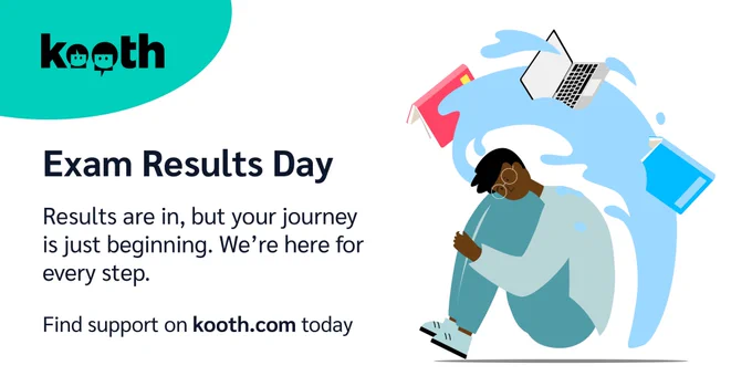 Social media graphic for kooth.com online emotional wellbeing and support for young people, which says that the service is available on exam results day.
