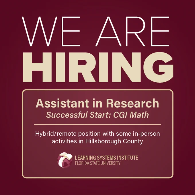 Job post graphic with the LSI logo. The text reads: We are Hiring,  Assistant in Research,  Successful Start: CGI Math, Hybrid/remote position with some in-person activities in Hillsborough County
