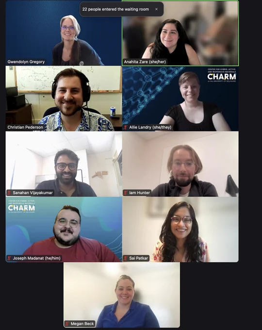 A Zoom screenshot of the facilitators and panelists of the August 14th MRSEC Industry Networking Event.

Starting from the top left and moving right and to the next row: Gwendolyn Gregory, Anahita Zare, Christian Pederson, Allie Landry, Sanahan Vijayakumar, Ian Hunter, Joseph Madanat, Sai Patkar, and Megan Beck.