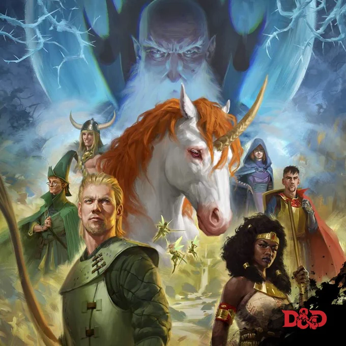 A scene from Uni and the Hunt for the Lost Horn. Uni the Unicorn is at the center, surrounded by their party of Bobby, Presto, Hank, Diana, Eric and Sheila. The evil Kelek looms over them all. Dungeons & Dragons logo in the bottom right corner.