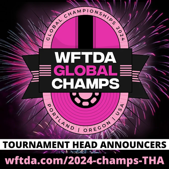 Graphic with the 2024 WFTDA Global Championships logo over fireworks, with text below that says "Tournament Head Announcers - wftda.com/2024-champs-THA"