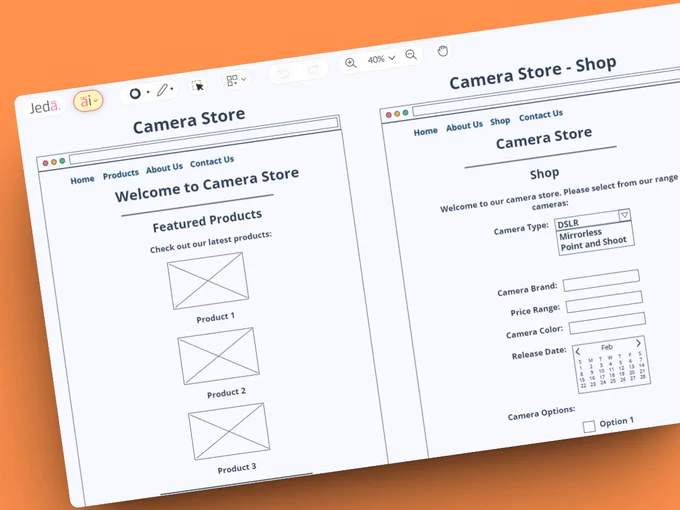 #PromptOfTheDay 📷 "Website: Camera Store; Page: Home" and "Website: Camera Store; Page: Shop".

➡️ Try today at https://www.jeda.ai/generative-ai-wireframe

#JedaAI #GenerativeAI #ChatGPT #GPT4 #VisualPrompt #AI #Wireframes #UI #UX #Design #WebDesign 