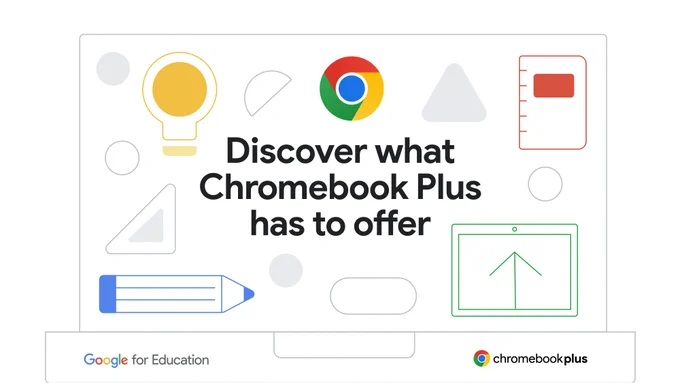 Visual is a static illustration of a Chromebook with different icons and the Chromebook Plus logo. Text reads, Discover what Chromebook Plus has to offer.