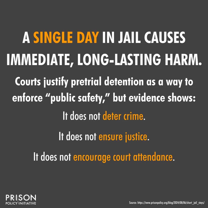Graphic with text: 
A SINGLE DAY IN JAIL CAUSES IMMEDIATE, LONG-LASTING HARM.
Courts justify pretrial detention as a way to enforce "public safety," but evidence shows:
It does not deter crime.
It does not ensure justice.
It does not encourage court attendance.