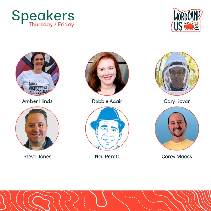 Headshots of Thursday/Friday speakers sit below a WordCamp US 2024 logo. The speakers listed are: Amber Hinds, Robbie Adair, Gary Kovar, Steve Jones, Neil Peretz, and Corey Maas