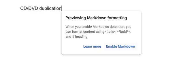 markdown enabled in google docs screenshot